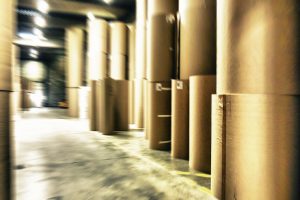 Rolls of kraft paper at a paper mill.