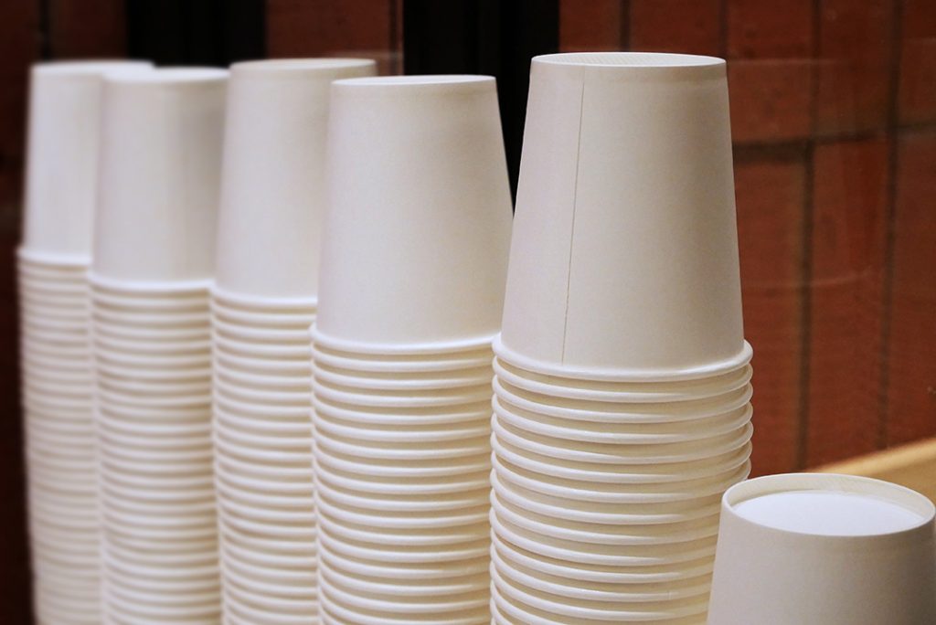 Stacks of paper coffee cups.