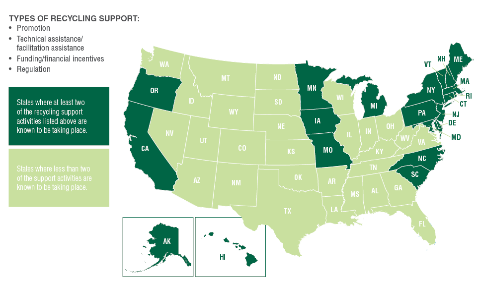 Map detailing state supports for recycling.