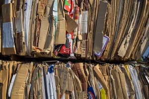 Close up of baled cardboard containers for recycling.