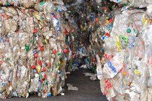 Close up of several bales of PET bottles for recycling.