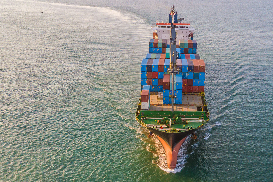 Cargo ship at sea.