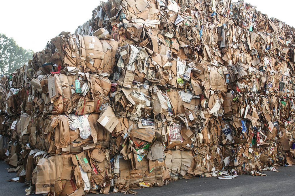 Bales of recycled paper products.