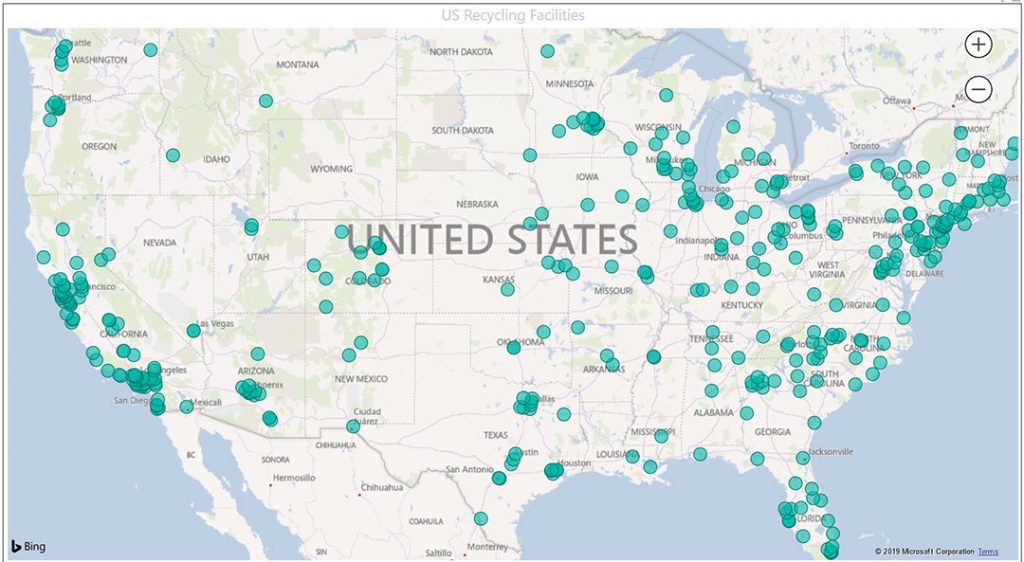U.S. recycling facilities mapped by The Recycling Partnership.