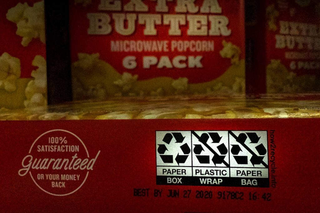How2Recycle label on microwave popcorn box.