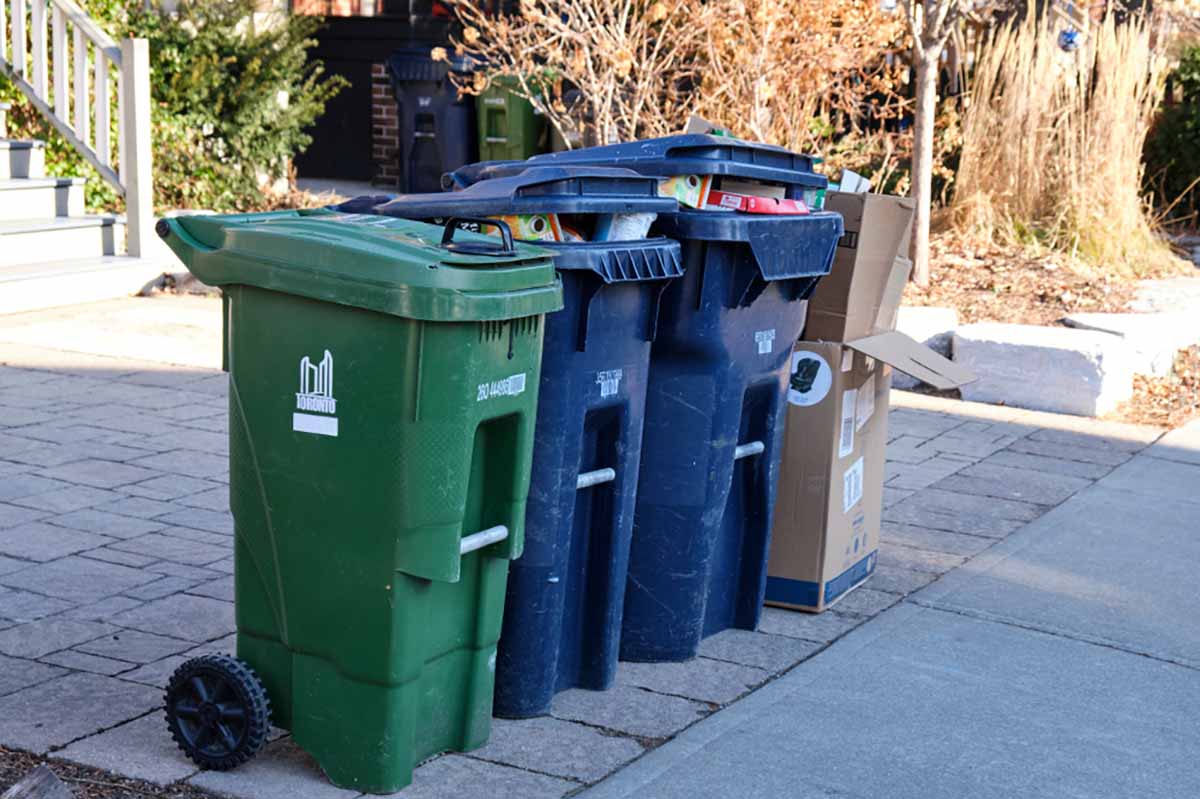 Recycling and waste carts on a curb in Toronto.