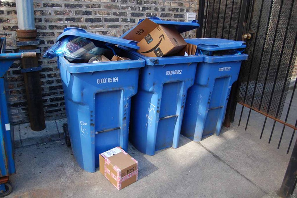 Residential recycling bins in front of a home in Chicago.