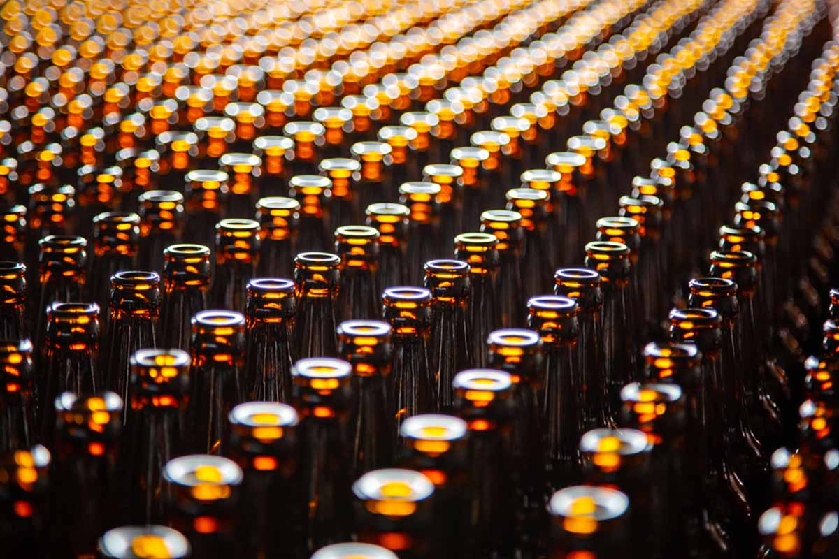 Brown glass bottles at the manufacturing plant.