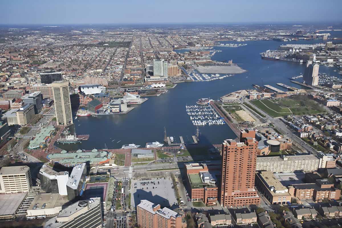 Aerial view of Baltimore and inner harbor.