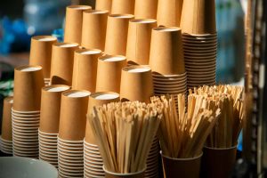 Coffee cups stacked in a cafe.