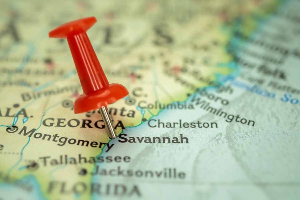 Map showing a pin in Savannah, Ga.