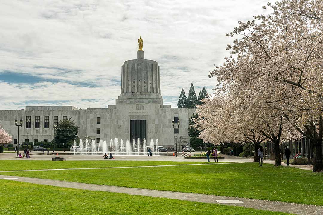 Oregon capitol building with trees in bloom.