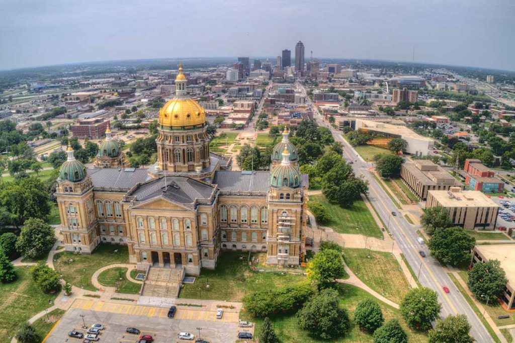 Iowa capitol building in Des Moines seen from above.