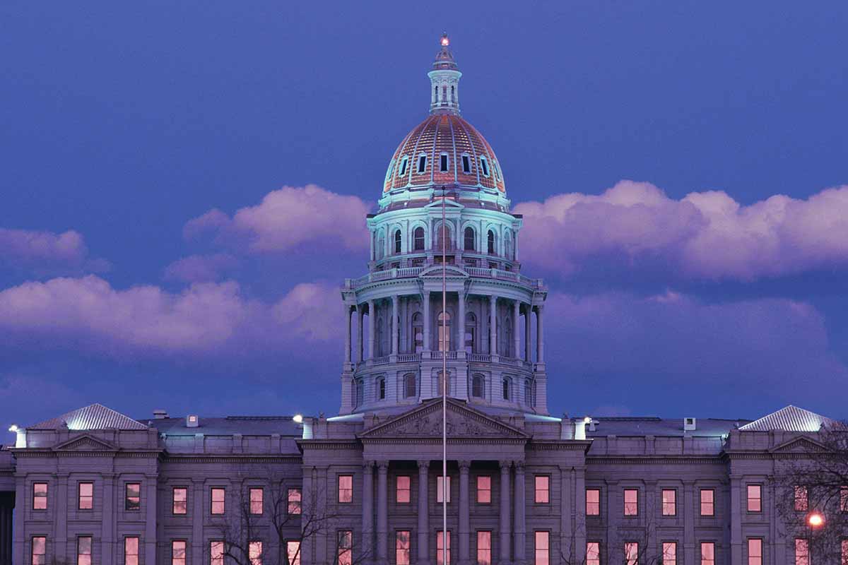 Colorado state capitol building at sunset.