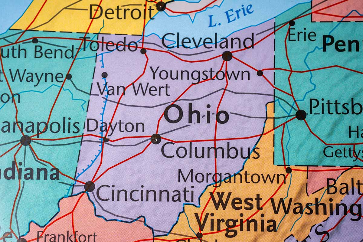 Map showing the state of Ohio and surrounding region.
