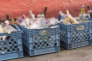 Glass bottles collected for recycling.