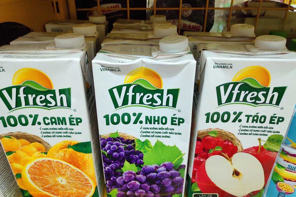 Juice cartons in store in Vietnam.