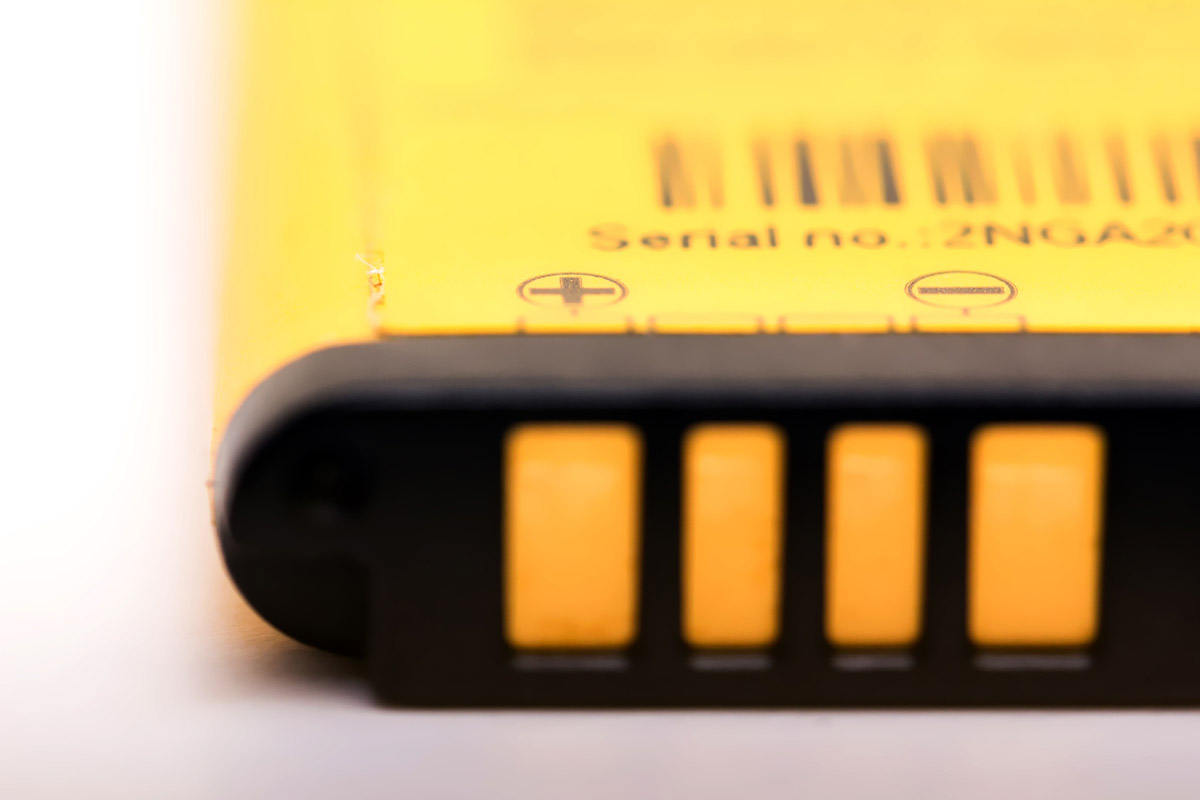 Closeup of a lithium-ion battery.