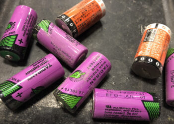 Close up of lithium-ion batteries for recycling.
