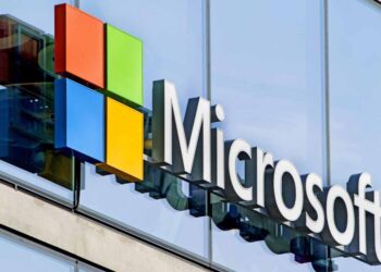 Microsoft sign on a company building.