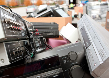 Various electronic devices gathered for recycling.