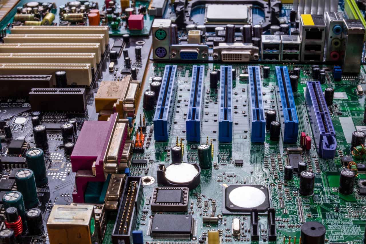 Closeup of an e-scrap motherboard.