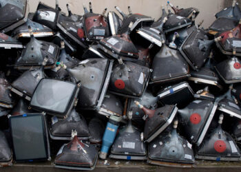 A pile of CRTs gathered for recycling.