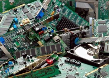 A pile of mixed e-scrap.