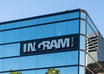 Ingram Micro sign on company building in California.
