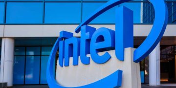 Intel sign outside of company building.