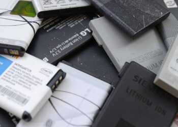 Pile of old li-ion batteries for recycling.