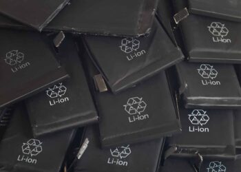 Pile of lithium ion batteries for recycling.