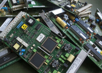 Discarded circuit boards gathered for recycling.
