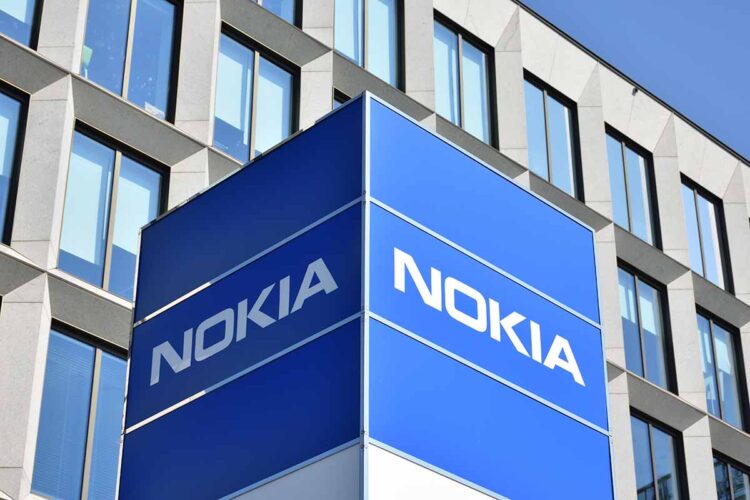 Nokia sign in front of company building.