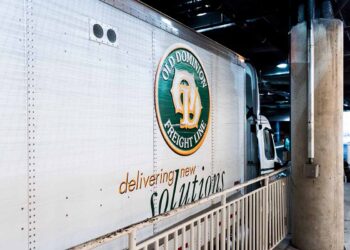 Old Dominion Freight Line truck parked in a garage.