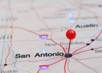 Map showing a pin in San Antonio and surrounding area blurred.