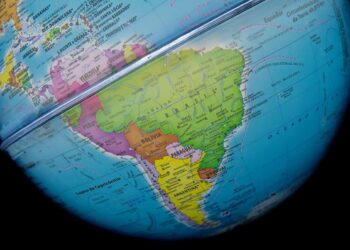 View of globe with focus on South America.