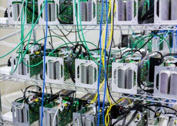 Bitcoin miners on shelves.