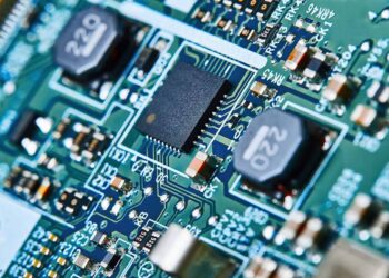 Closeup of electronic circuitboard.