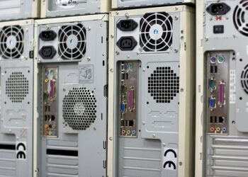 Computer towers gathered for recycling.