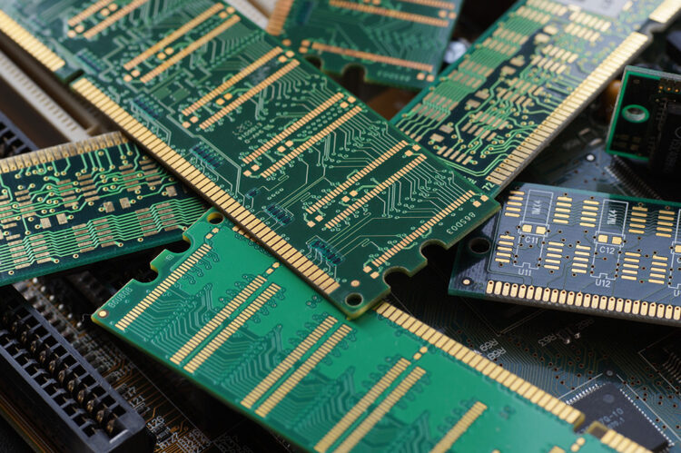 Closeup of scrap RAM modules.