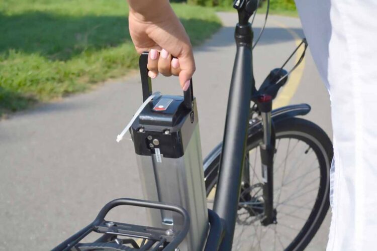 Removing an eBike battery pack.