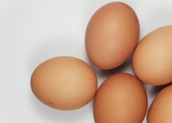 Closeup of brown eggs on a white background.