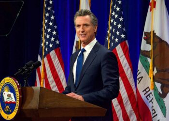 Calif. Governor Gavin Newsom at podium.