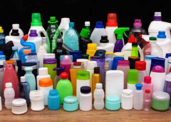 Plastic packaging samples arranged on a table.