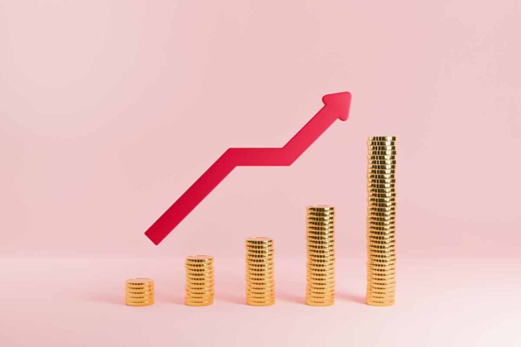 Rising graph with stacked coins.