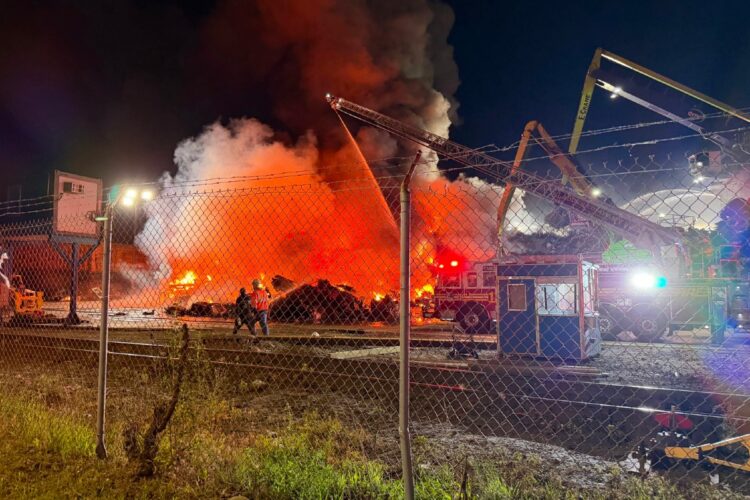 Fire at an EMR recycling facility in Camden, New Jersey May 29, 2026.