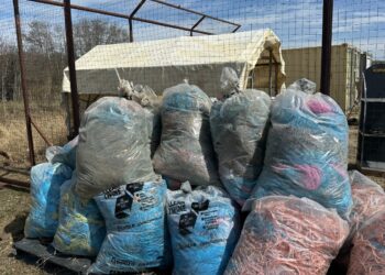 Bags of collected agricultural twine for Cleanfarms twine recycling contest