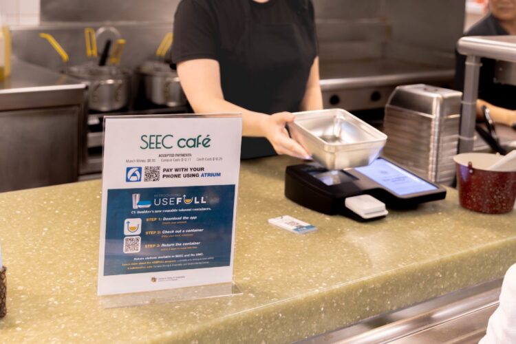 Usefull reusable dining container at SEEC cafe at the University of Colorado Boulder.